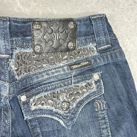 Miss Me Jeans Womens Size 29 Blue Boot Distress Jeweled Flap Pockets 3514 - Picture 3 of 15